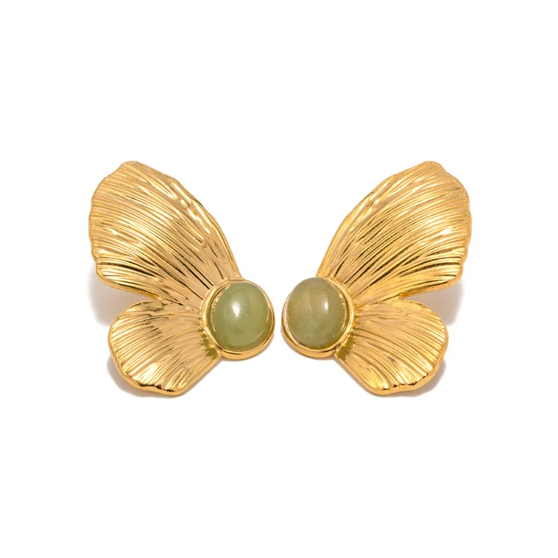 

Minar Non Tarnish Green Natural Stone Flower Petal Dangle Earrings 18K Gold PVD Plated Stainless Steel Wings Earring for Women