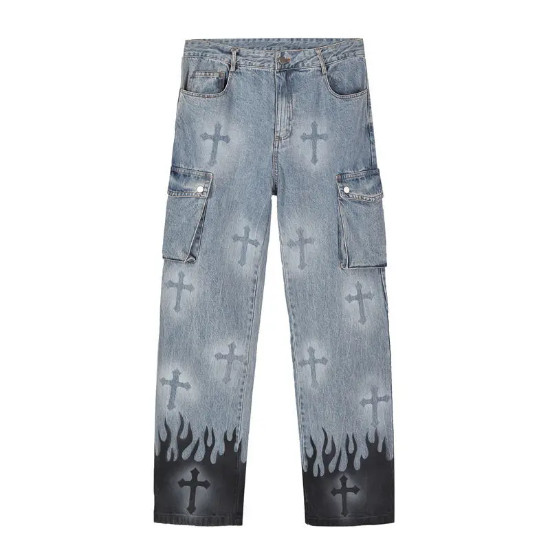 Niche High Street Hip Hop Flame Cross Splash Ink Jeans European and American Style Floor Pants Casual Drape Art Pants 3XL