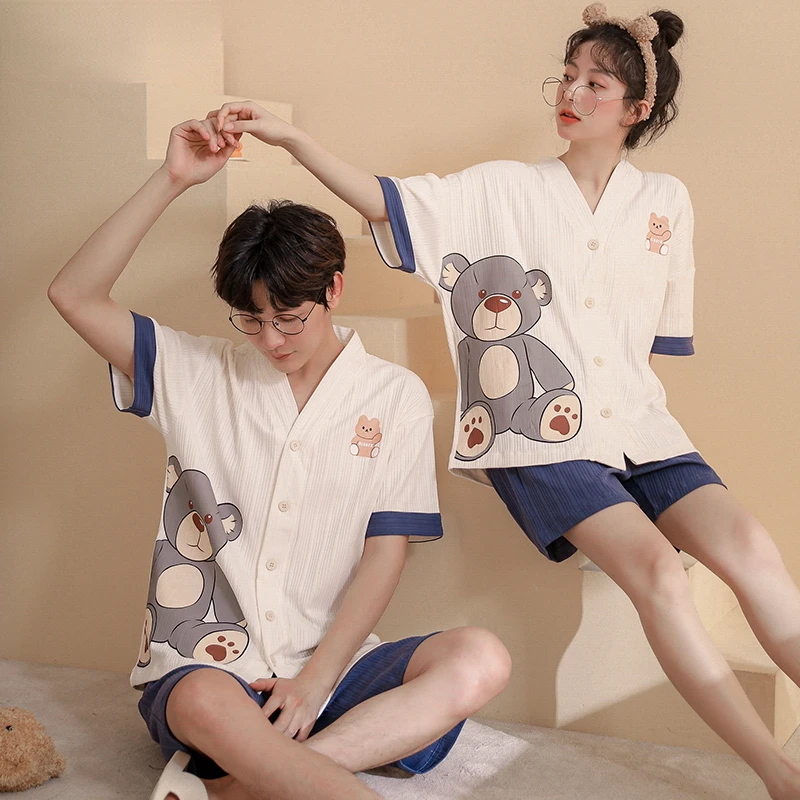 Summer Kimono Style Cotton Shorts Pajama for Couple Kawaii Cardigan Pijama Set for Woman Fashion Chic Leisure Loungewear for Boy