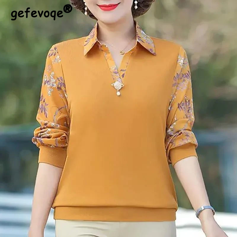 Купи Elegant Turndown Collar Spliced Loose Printed Blouse Women's Clothing 2022 Autumn Casual Pullovers Tops Office Lady Shirt Spring за 1,012 рублей в магазине AliExpress