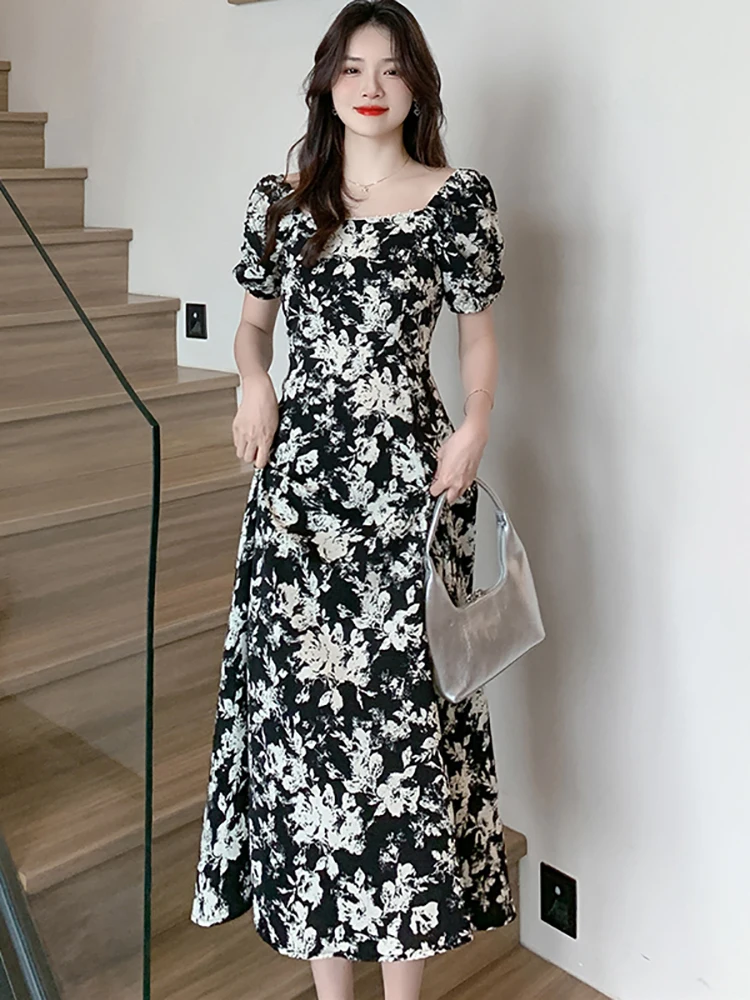 

Summer Black Floral Short Sleeve Beading Square Collar Long Dress Women Korean Vintage Hepburn Dress 2023 Elegant Luxury Dresses
