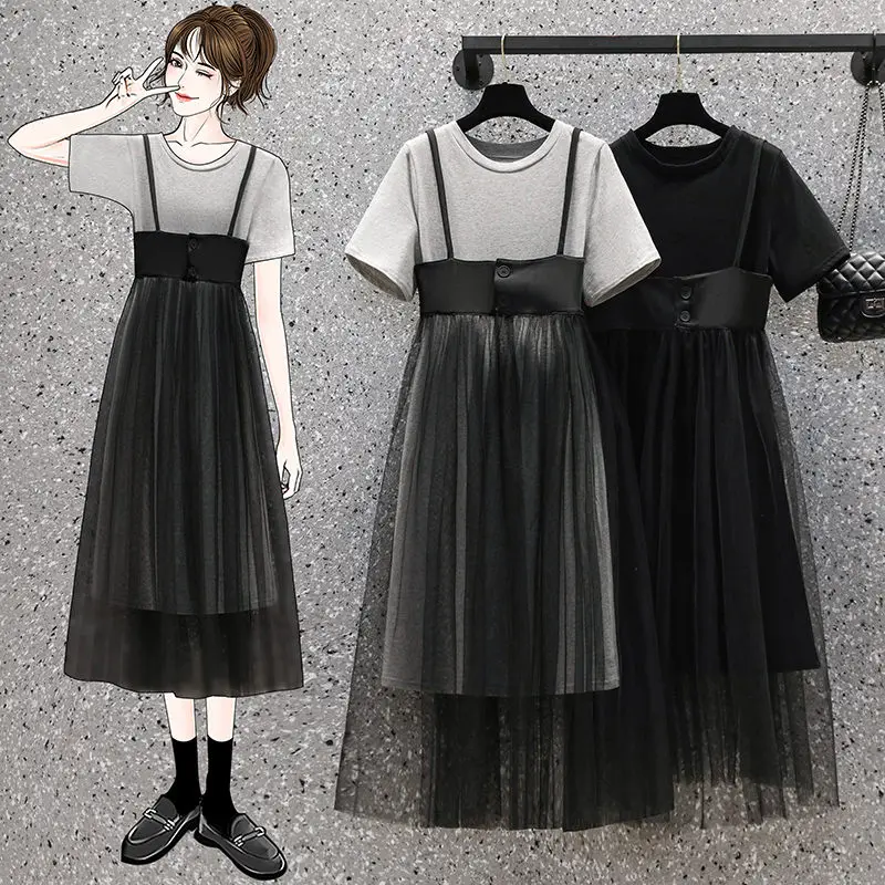 

Casual Large Size Women's Clothing 2022 Summer New Mesh Suspender Dress Long T-Shirt Two Piece Fluffy Dress Set Outfit H875