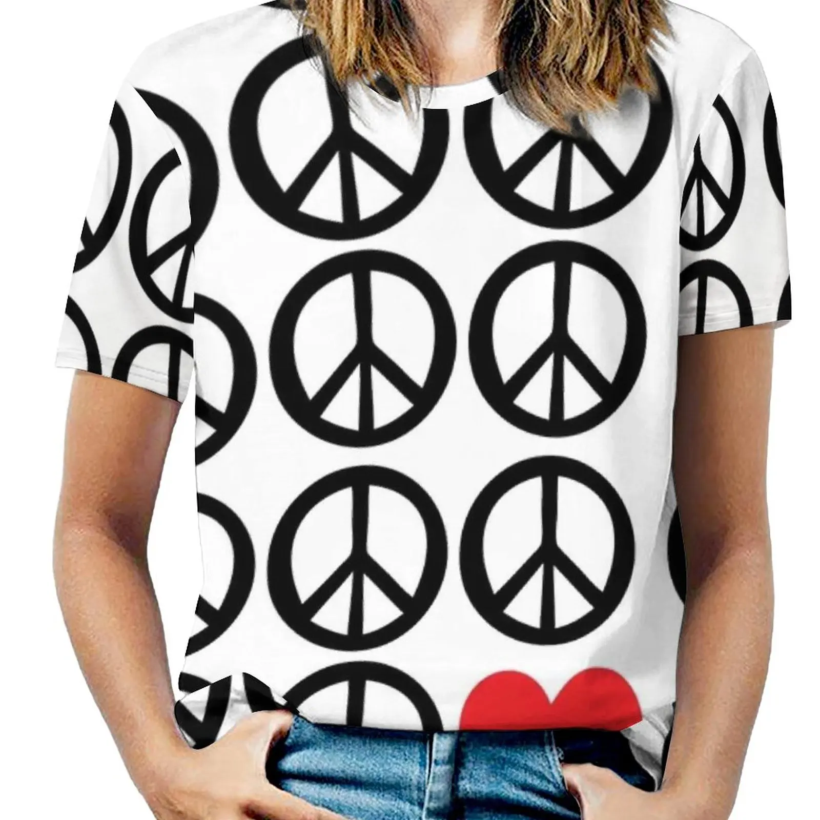 

Peace Love Женская футболка с круглым вырезом, повседневные топы с коротким рукавом, летние футболки, мир, символ любви, любовь, мир и мир, мир и лю...