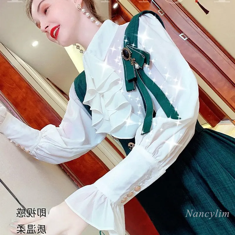 

Women's Spring 2 Piece Sets Fresh Ruffled Long Sleeve White Blouse + Suspender Skirt Outfit Elegant Young Lady Dress Suits