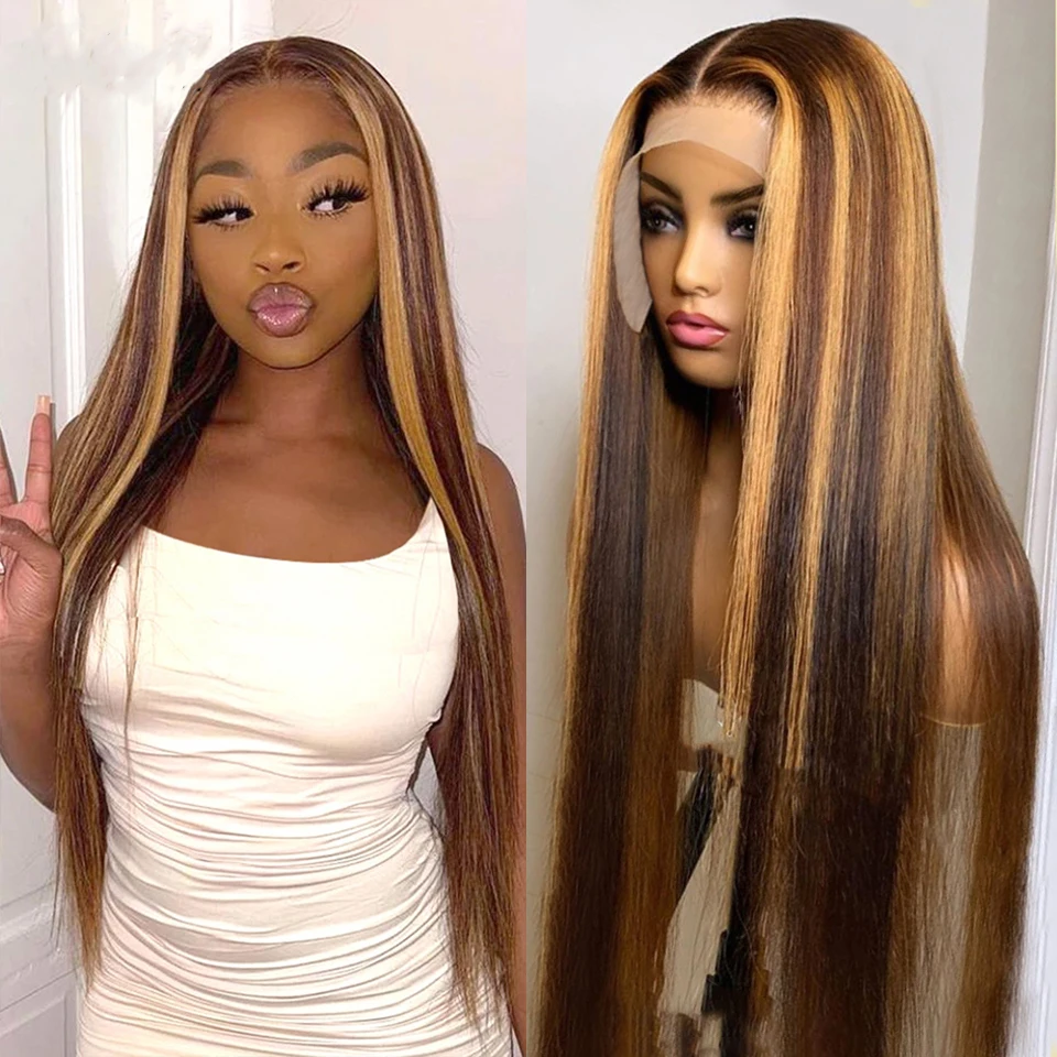 

Highlight 4/27 Straight Lace Front Wig Human Hair for Women Ombre Colored Honey Brown 13x4 Lace Front Wig Pre Plucked Baby Hair