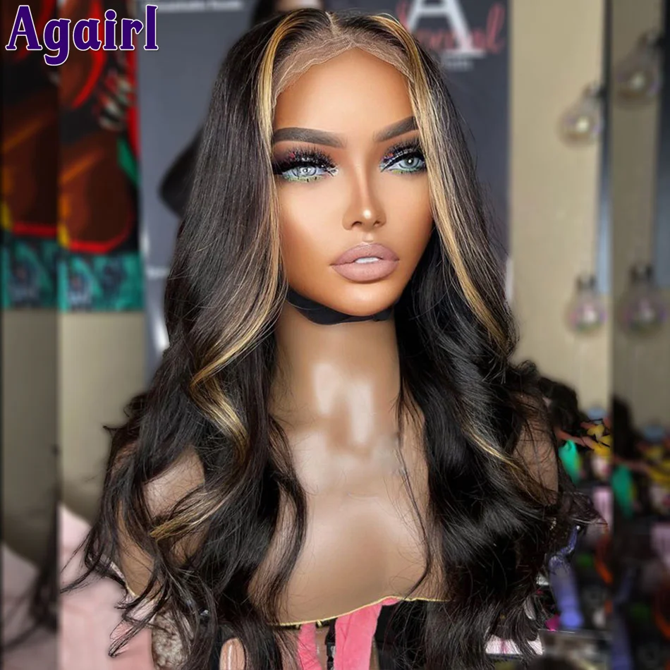 

Highlight 1B/27 Blonde Black Body Wave Front Wig Glueless 4X6 Lace Wig PrePlucked 13X4 13X6 Wavy Human Hair Wig for Women 34Inch