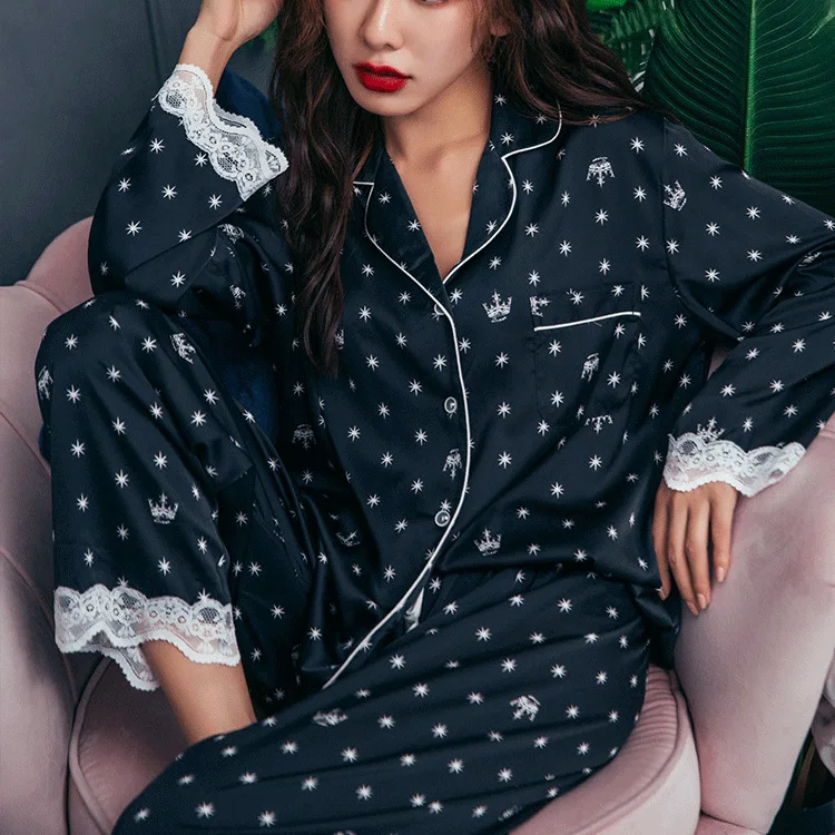 FALLINLAOE Print Fashion Women Pajama Set Sweet Lace Cuff Trousers Long Sleeve Suit Pyjamas