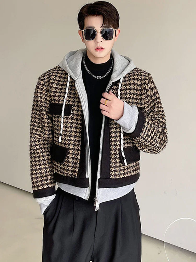

SYUHGFA Men Clothing Plaid Double Zipper Hooded Jacket Long Sleeve Coat Loose Casual Patchwork Design 2022 Spring Fashion