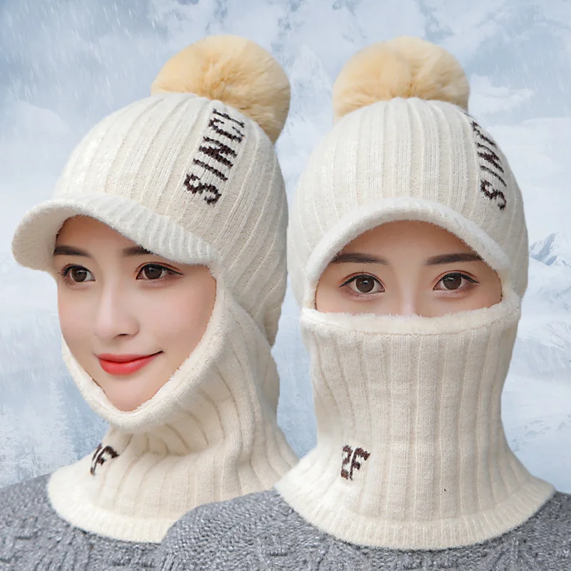 New Women Letter Winter Hat Kp Neck Warmer Hat Set Thick Beanie Hat Casual Winter Hats For Women Add Fur Lining Warm Knitted H