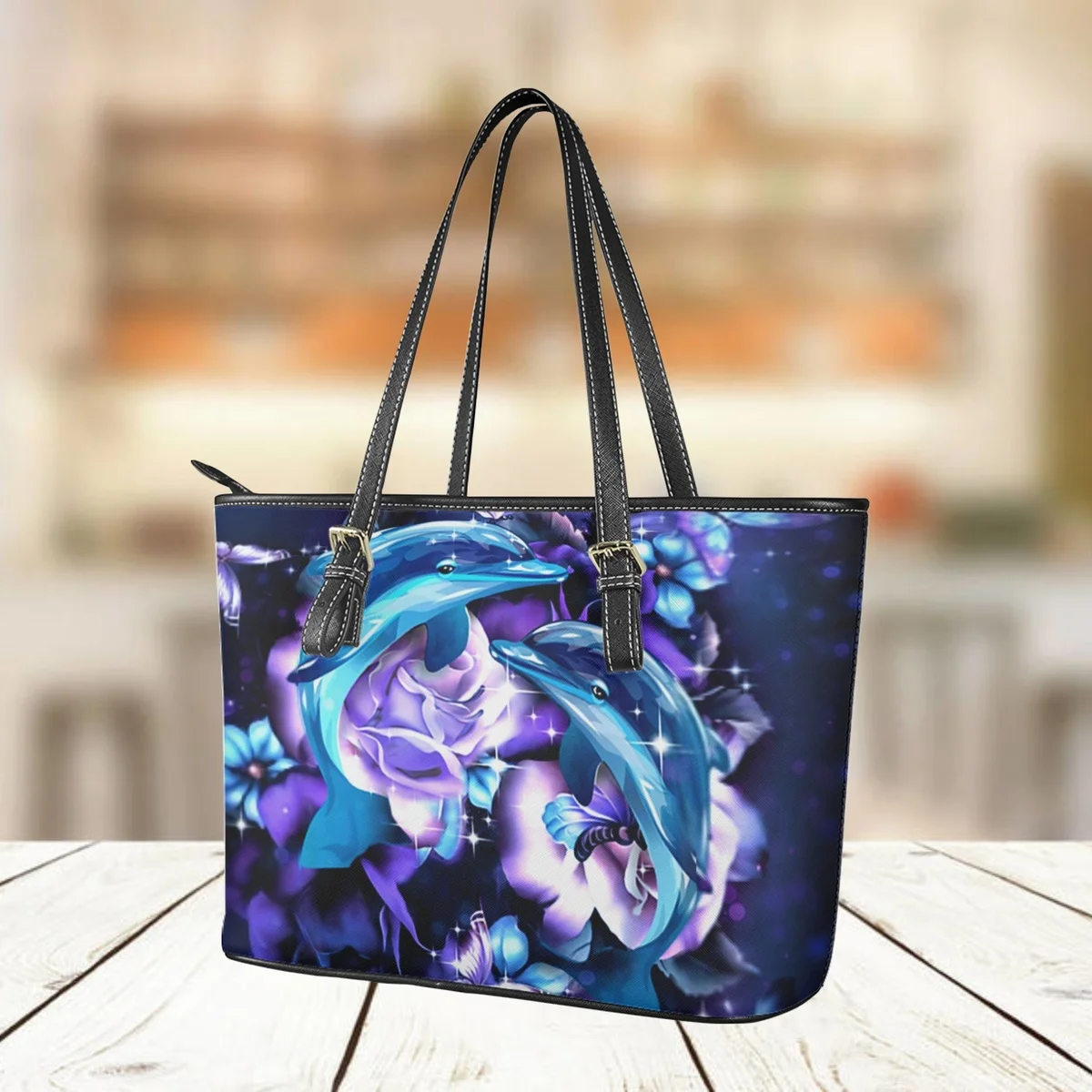 Blue Dolphin with Purple Rose Design Fashion Women Handbags Casual Large Capacity Shoulder Bag Totes for Female Girls Travel Bag