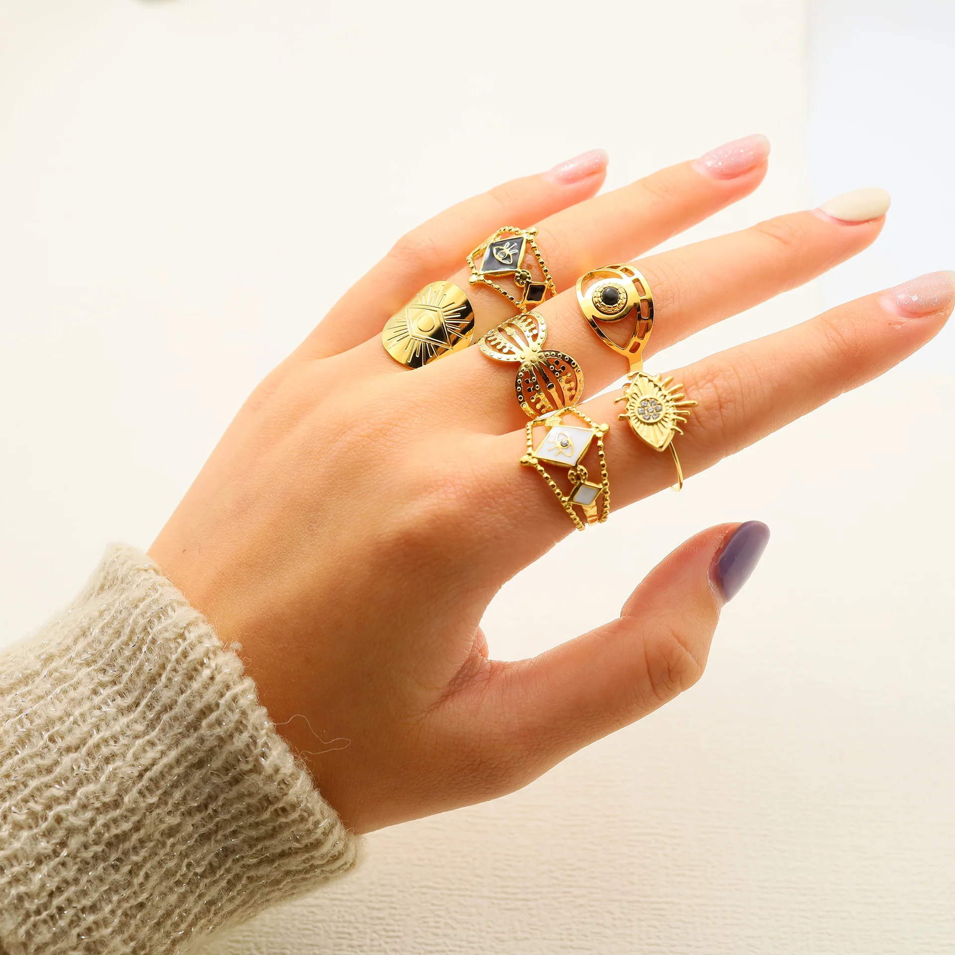 

Stainless Steel Evil Eye Finger Rings Women Adjustable Oil Drop Rhinestone Open Rings Party Joint Rings Fashion Elegant Jewelry