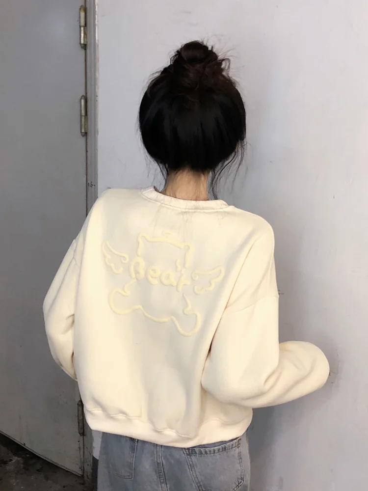 

Korobov Bear Crop Hoodies Women Autumn Winter Clothes Women Solid Color Age Reduction Thick Coat Female O Neck Y2k Clothes