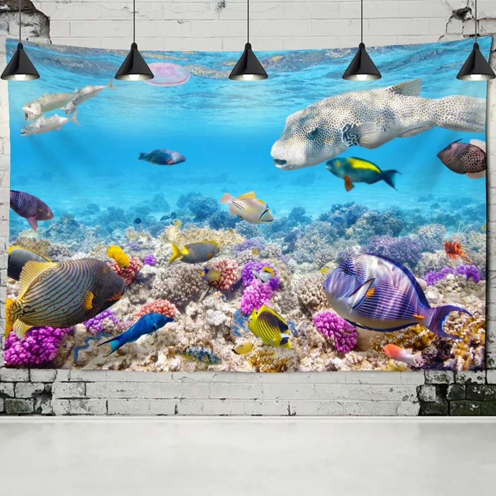 Гобелен с морскими рыбками и кораллами настенный комнатный декор в стиле бохо