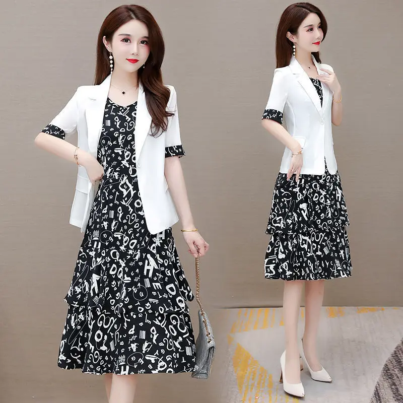 

Summer Woman New Slim Thin Suit Coat and Floral Dress Two-piece Female Eleagnt Blazers Chiffon Suspender Midi Dress Set G162