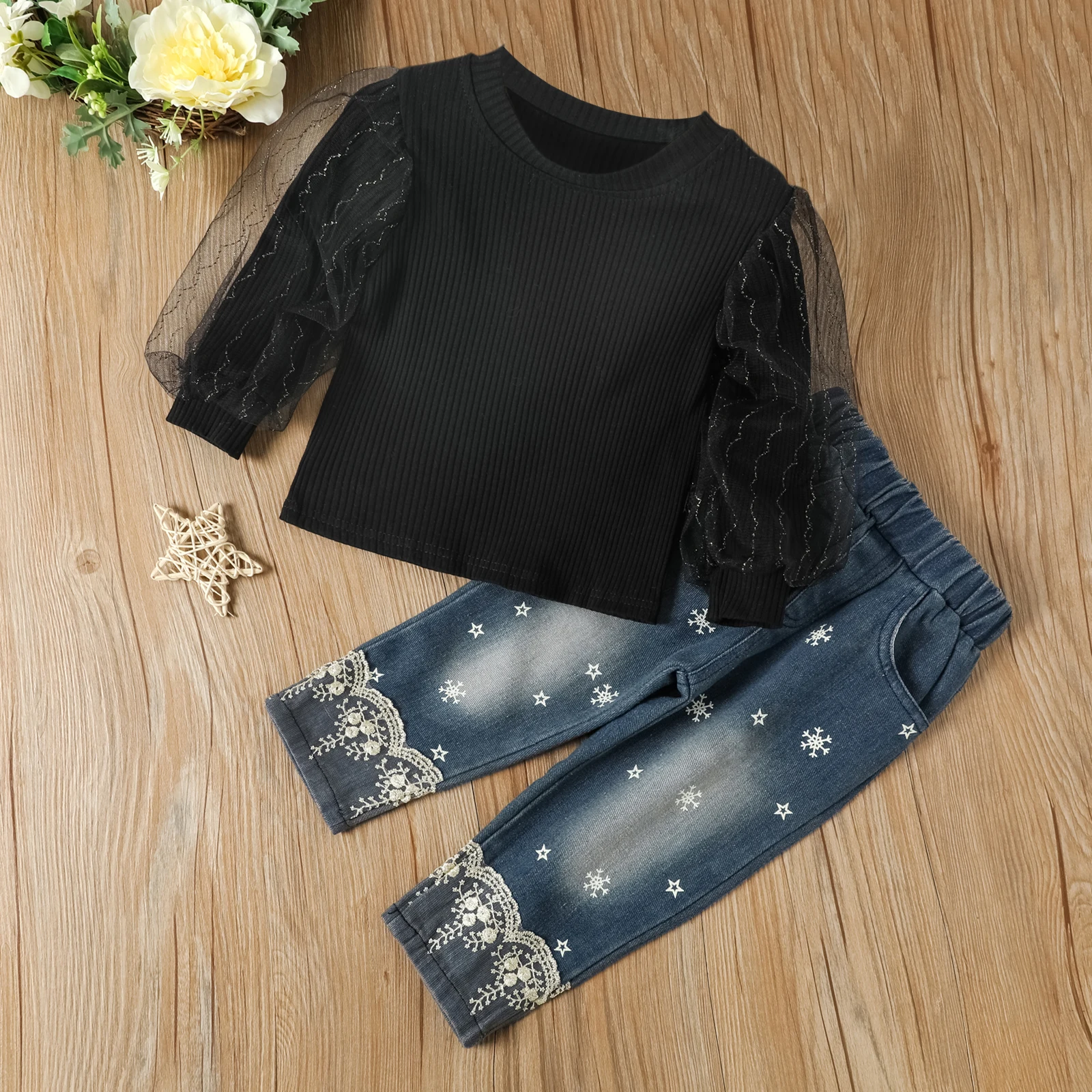 Брюки Детские сетчатые с длинными рукавами-фонариками и круглым вырезом на