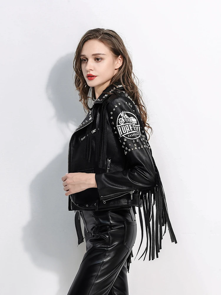 Tide Brand Artificial Leather Jacket PU Coat Print Graffiti Rivets Fringed Punk Coats Women Locomotive Clothing Black Tops DJ689