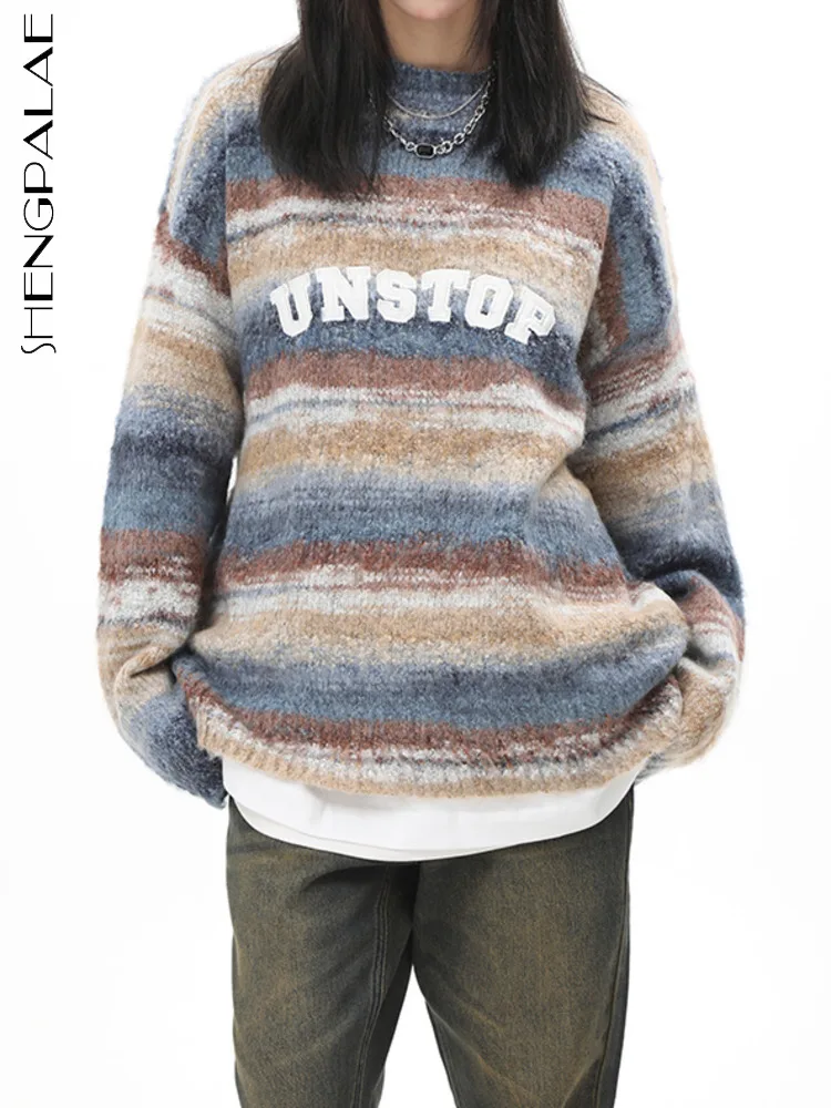 

SHENGPALAE Letter Printed Sweater For Women Fashion Striped Contrast Color Streetwear Loose Knit Pullover Autumn 2023 New 5R4211