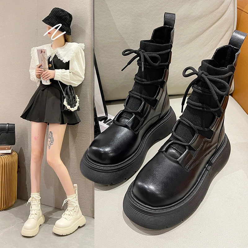 

Женские ботинки челси на платформе, модные ботинки на среднем каблуке, новинка сезона осень-зима 2022, женские мотоциклетные ботинки-гладиато...