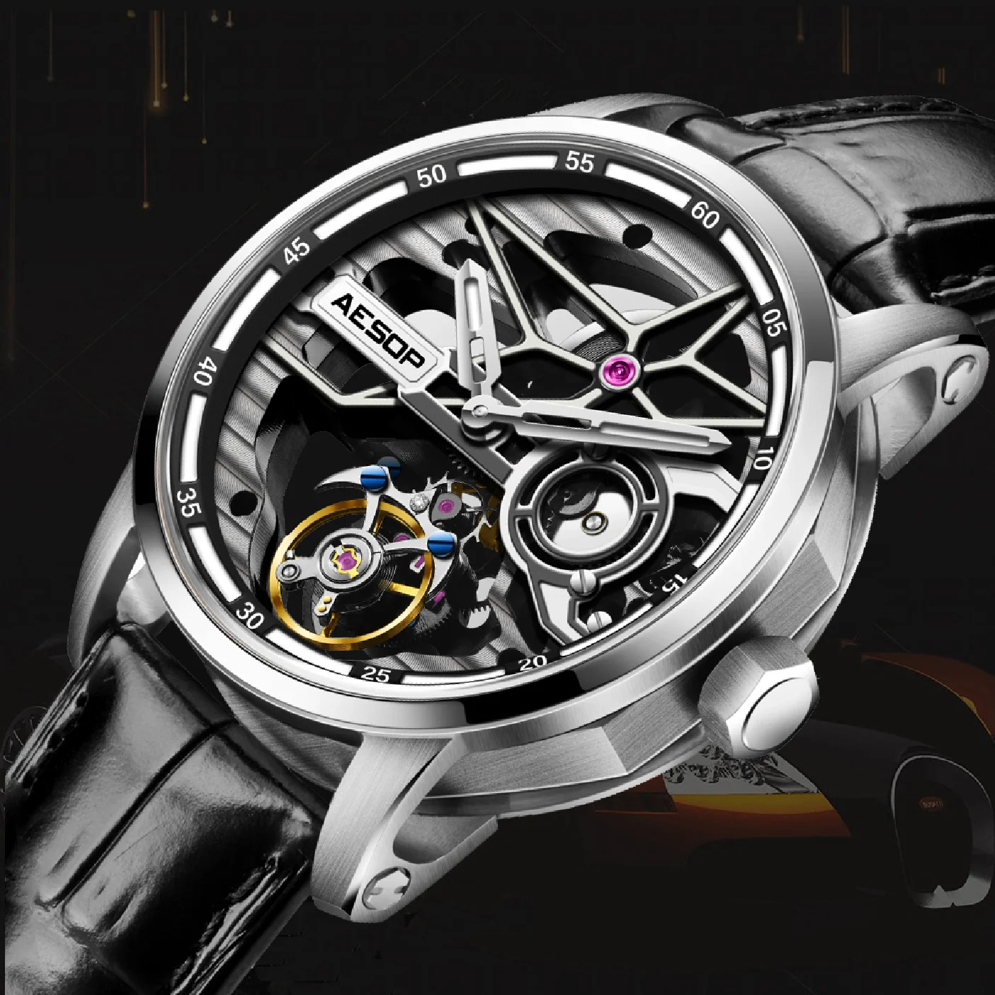 

AESOP Men Flying Tourbillon Mechanical Full Skeleton Waterproof Watches Top Brand Luxury Watch for Men Sapphire With Diamond Man