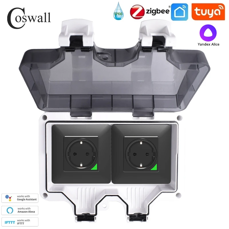 Coswall Tuya Zigbee Wifi Ip66 à Prova Ddual Água Dupla ue fr uk Universal Soquete Temporizador Interruptor Programável Trabalho com Alexa Google Casa