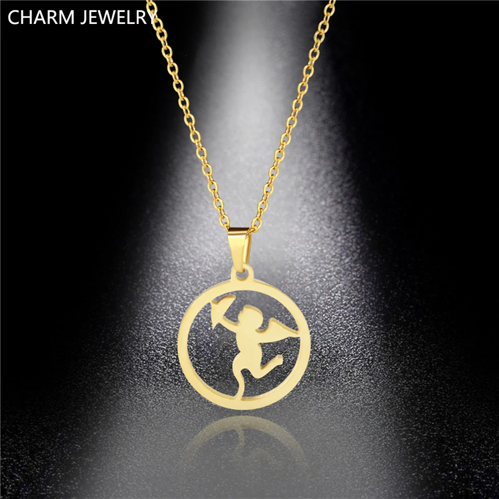 

Очаровательное ювелирное изделие, ожерелье с ангелом для женщин, ювелирные изделия из нержавеющей стали, круглый милый Купидон, подвеска с ...