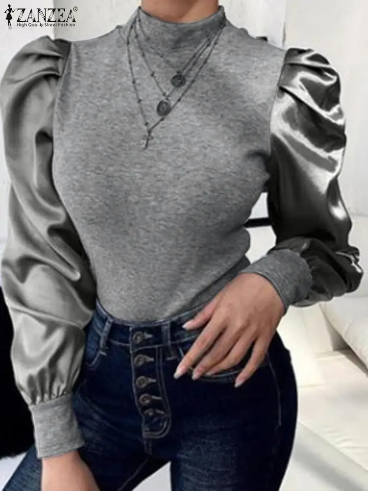 

ZANZEA Autumn Spring Women Patchwork Blouse Puff Long Sleeve Tunic Turtleneck Tops Elegant Fashion Loose Party Work OL Pullovers