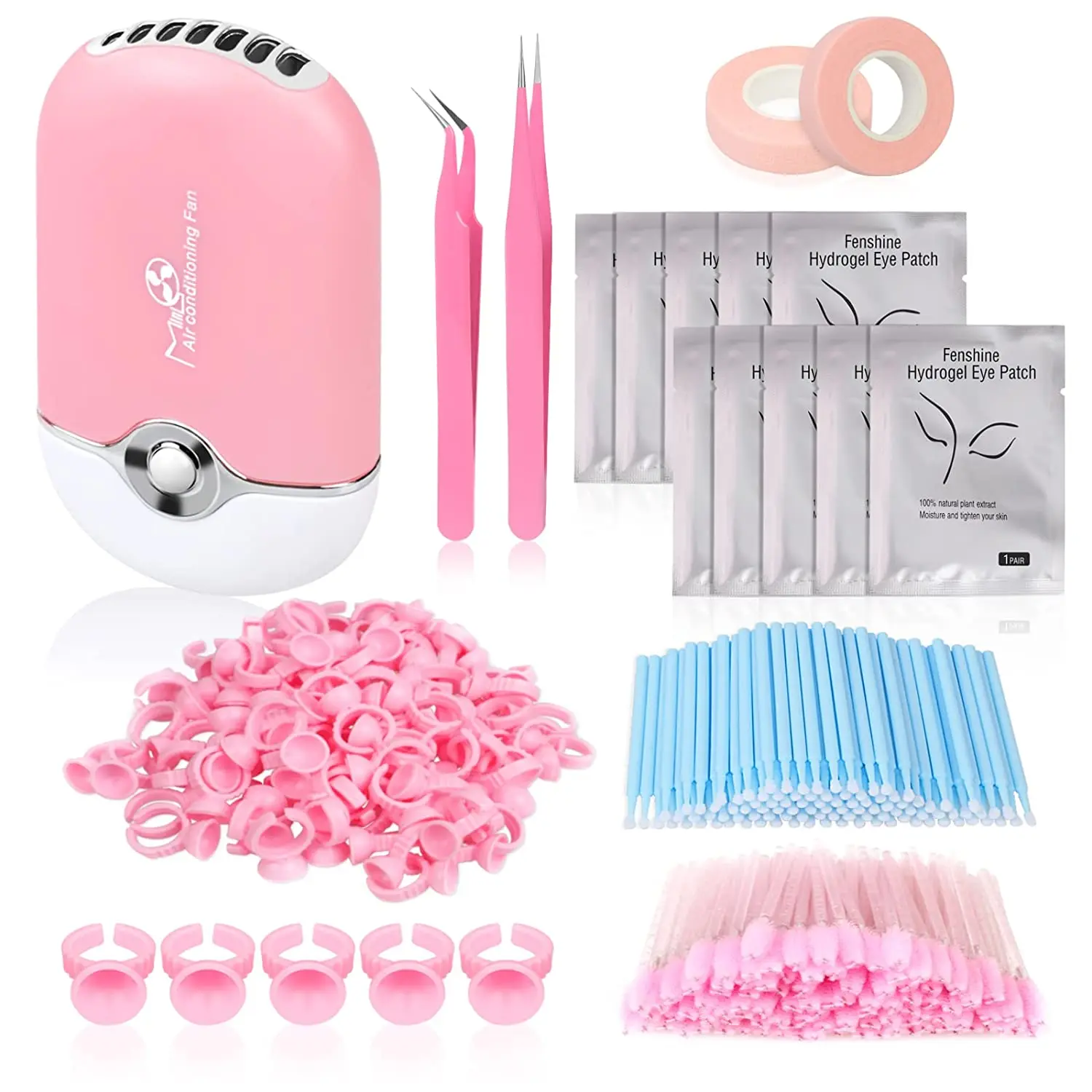 Eyelash Extension Supplies Kit Eyelash Fan Dryer Eye Pads Patches Tweezers Glue Rings Mascara Wands Micro Brushes Applicators