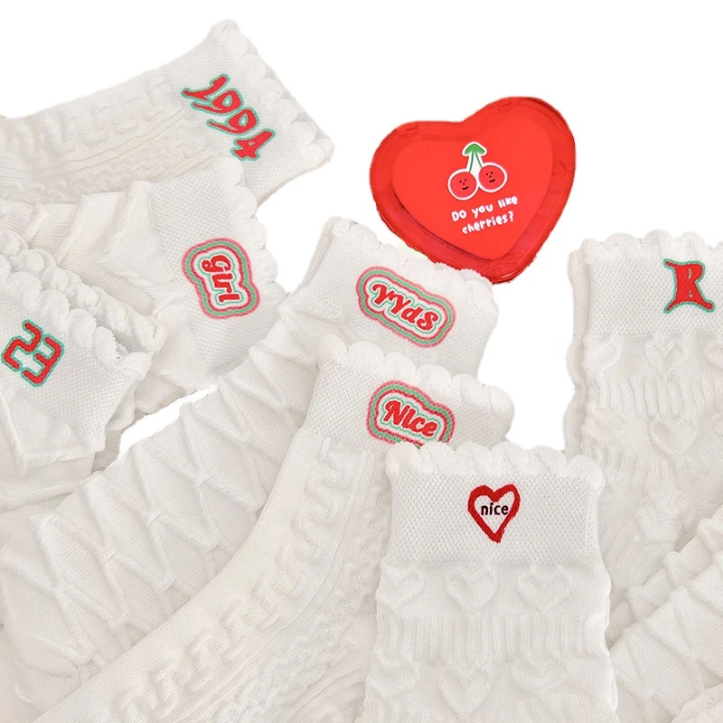 Summer Thin Solid Color White Lace Lettering Low-top Cute Socks-5 Pairs Set