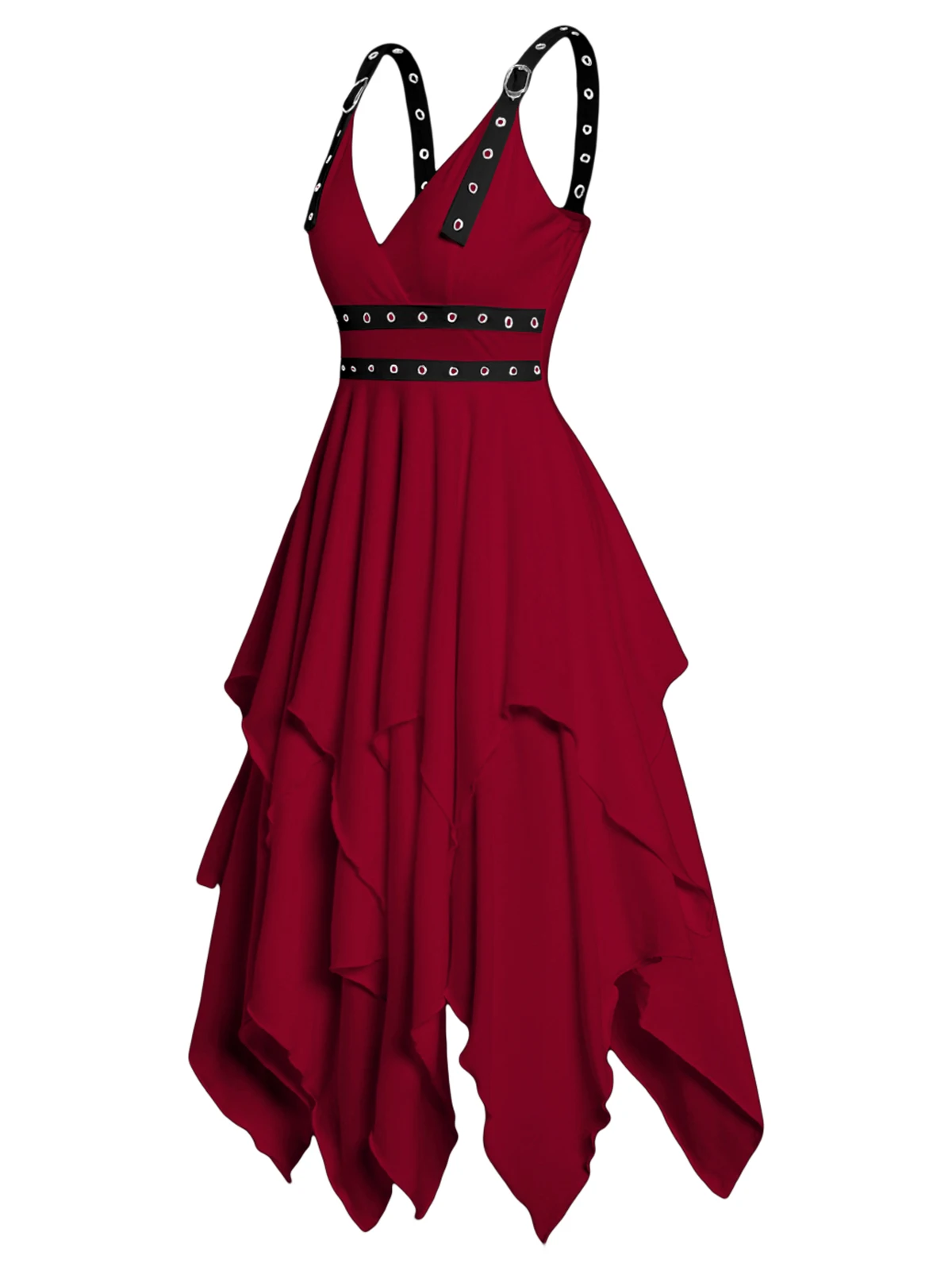 

Women Dress Plain Color Layered Dress Grommet Plunging Neck Empire Waist Adjustable Strap Asymmetrical Midi Casual Dress