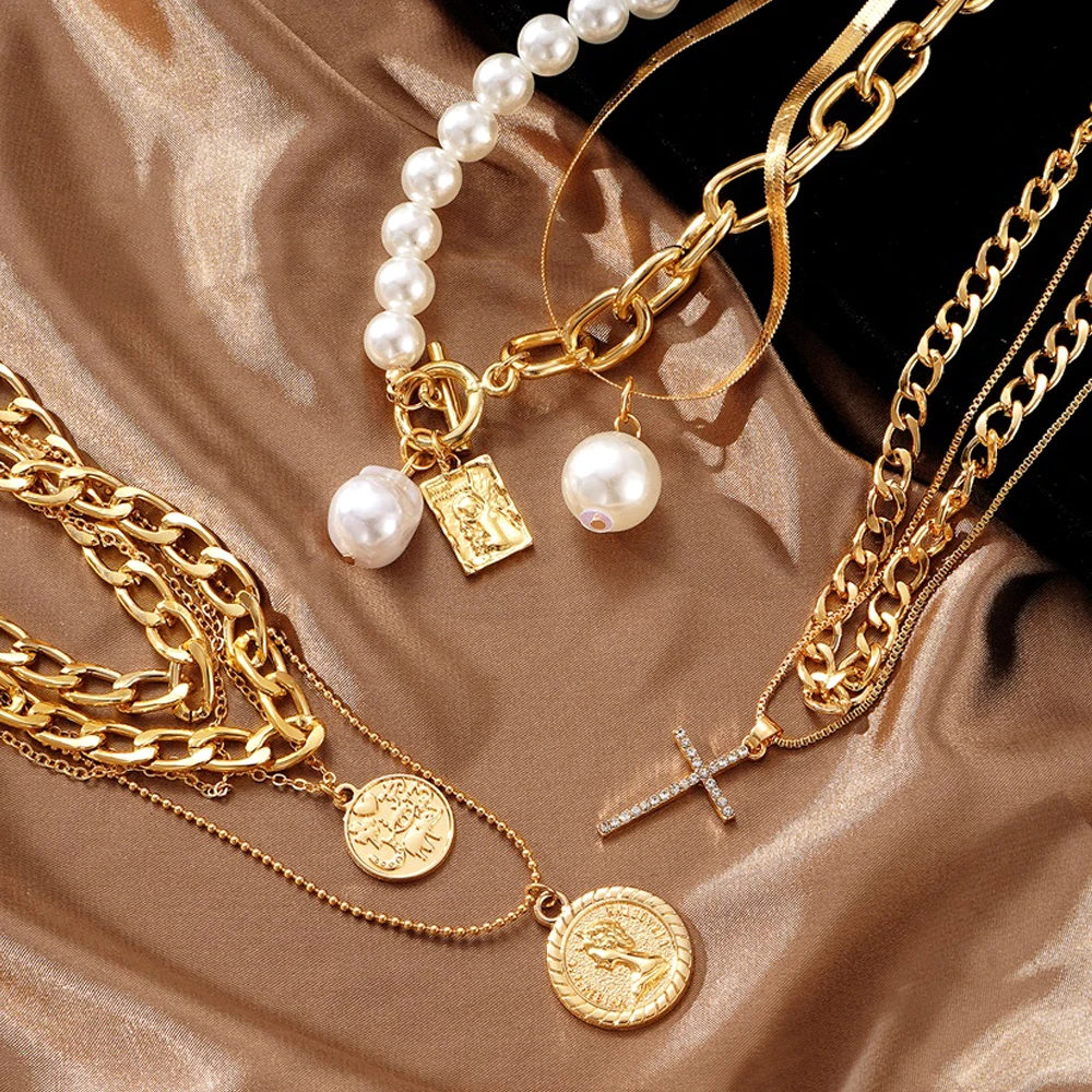 FNIO Золотые фигуры Монеты Крест подвеска Ожерелье Женщина Многоуровневое толстое