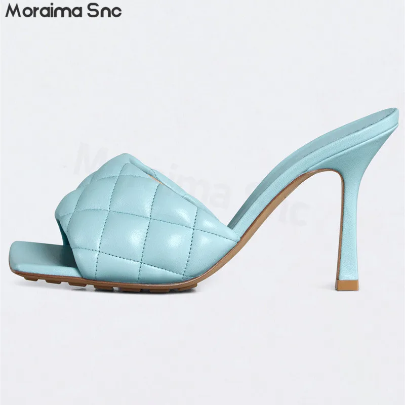 Multi-Color Rhombic Pattern Square Toe Slippers Summer Open Toe Stiletto Ladies Sandals Large Size Fashion Temperament Slippers