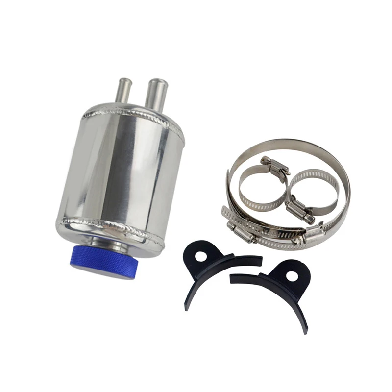 

Racing Power Steering Fluid Reservoir Tank With Clamps Kits Silver Aluminum Alloy for Universal Vehicles