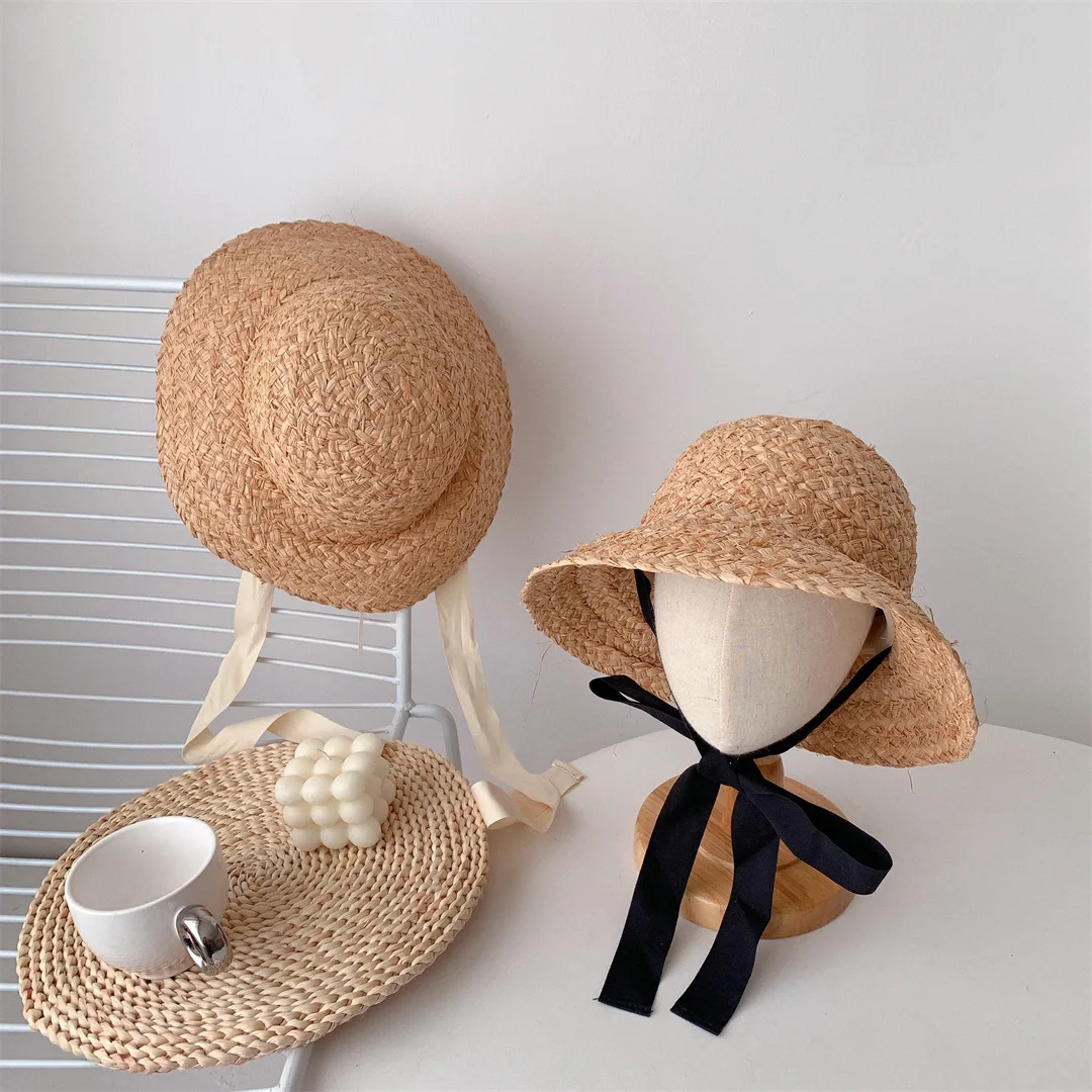 

2022 Children Shade Hand-woven Straw Adjustable Solid Hat Korean Tie Outdoor Fisherman Hat Kid Girl Retro Hat