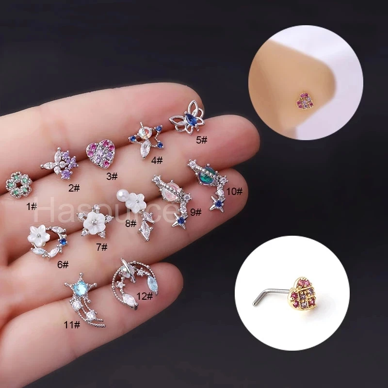 

1Piece 316L Surgical Stainless Steel L Shaped Nose Studs for Women Fashion Multicolor Cz Nose Rings Screw Nose Piercing Jewelry