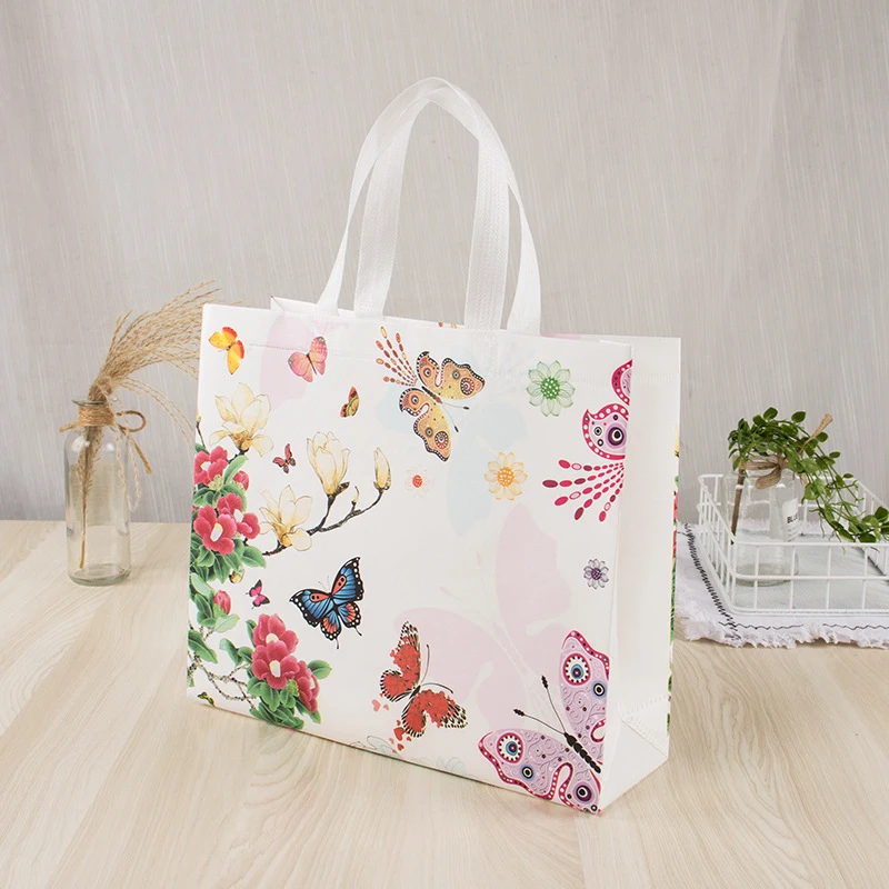 

New Foldable Non-woven Fabric Grocery Shopping Bag Reusable Folding Tote Pouch Travel Flower Butterfly Pink Storage Handbag