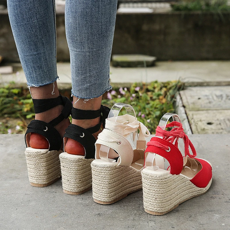 New Women's Wedges Espadrilles Sandals Summer 2023 Ankle Strap Gladiator Sandalias Woman Plus Size Hemp Bottom Casual Shoes
