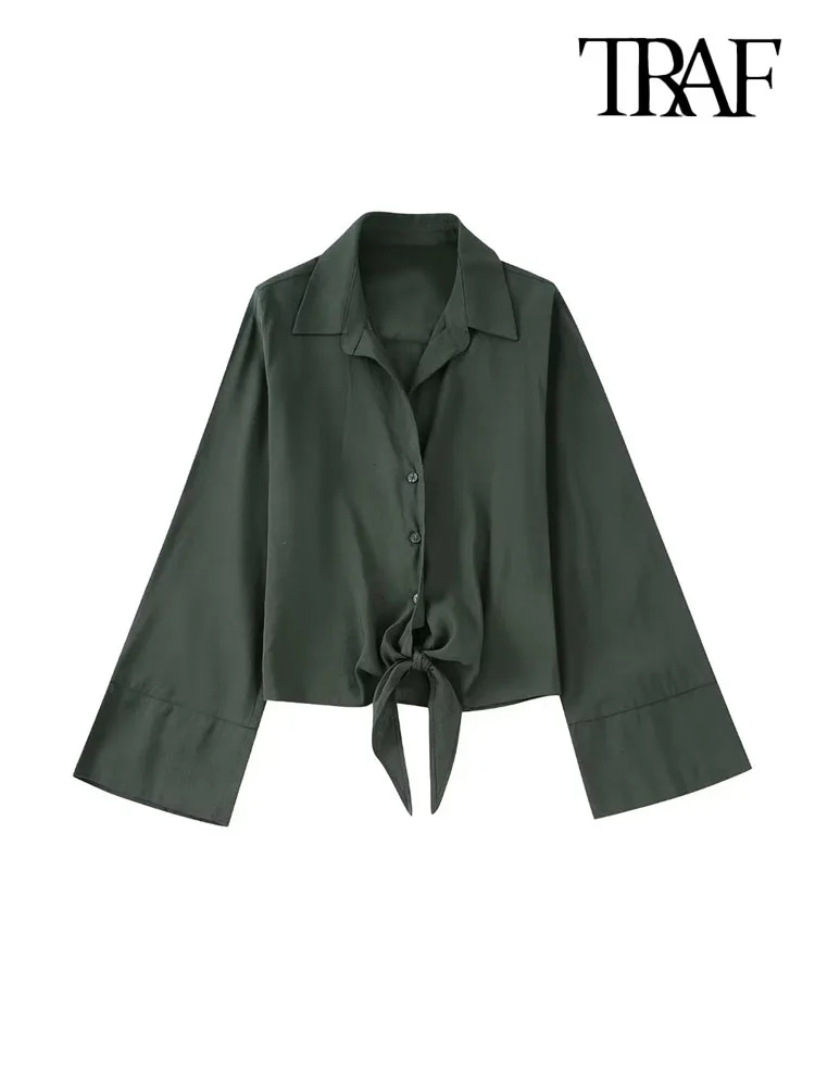 

Блузка женская льняная с завязками, длинным рукавом и пуговицами спереди