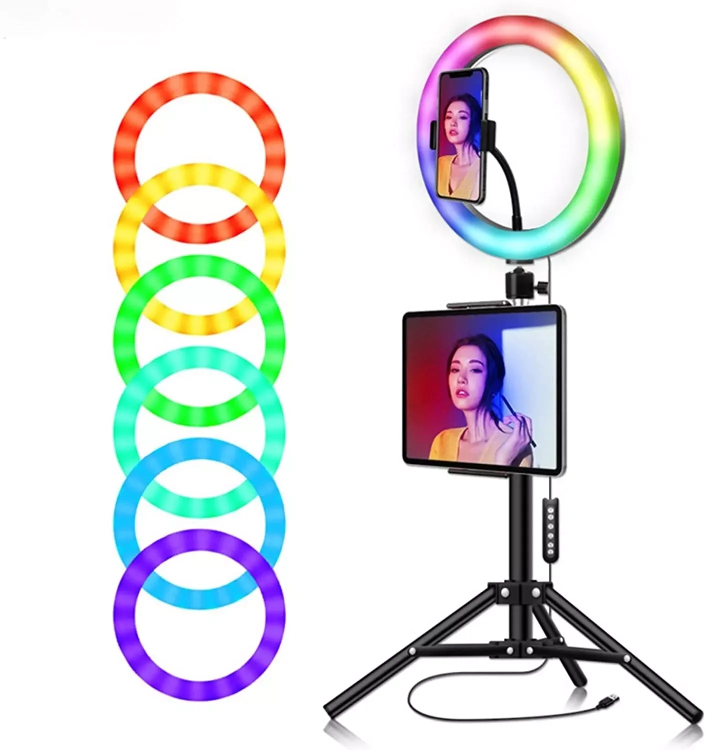 

NEW2023 2 in 1 RGB 10" Ring Light with Tripod Stand, Ring Fill Light Tablet Clip Tripod with Bluetooth Shutter