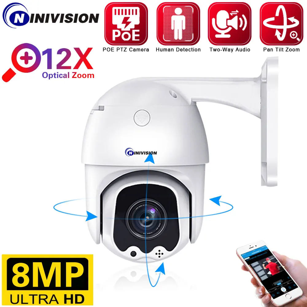 

Max 128GB Human Tracking 8MP 4K 5MP H.265+ 10X 12X Zoom 360° Rotation 2-Wa Audio Outdoor POE PTZ Speed Dome Surveillance Camera