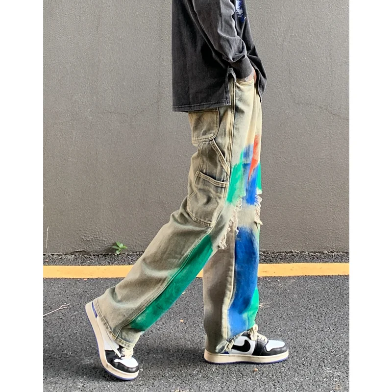 Men's Wear 2022 Vintage Casual Ripped  Jeans Yellow Mud Dyed Broad Leg Pants High Street Loose Straight Trousers Autumn Women