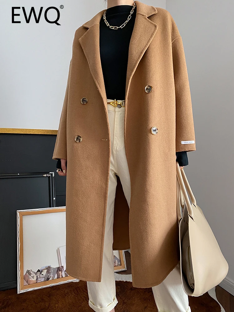 

EWQ High End Wool Coat For Women Coats Double Breasted Long Sleeve Solid Elegant Female Loose Outwear 2023 Autumn New 26D5276