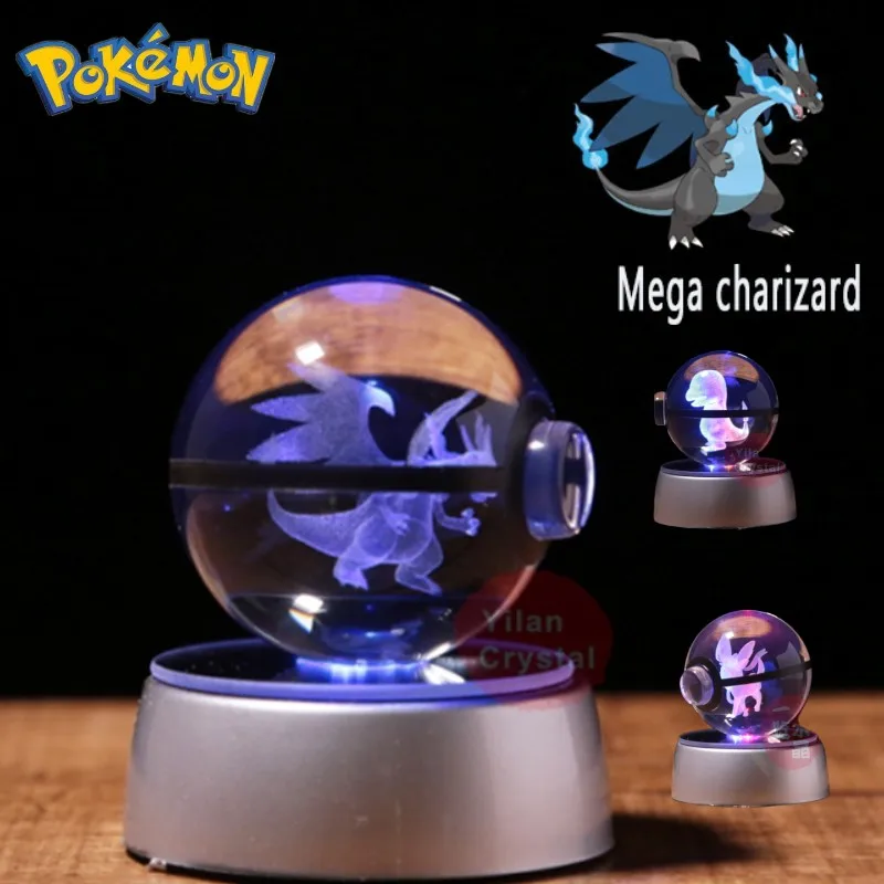 

Anime Pokemon 3d Crystal Ball Snorlax Figure Pokeball Engraving Crystal Charizard Model With Led Light Base Kids Xmas Gift