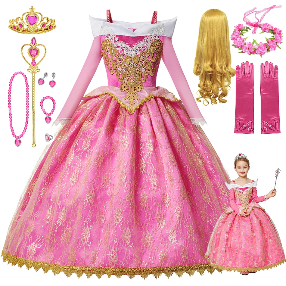 

Disney Sleeping Beauty Aurora Cosplay Dress Long Sleeves Off Shoulder Girls Halloween Christmas Birthday Party Princess Costume
