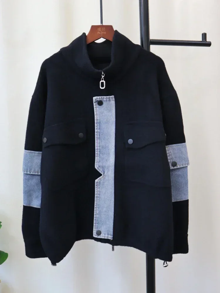 Осень-зима 2024 модный новый вязаный двухсторонний кардиган из денима на молнии