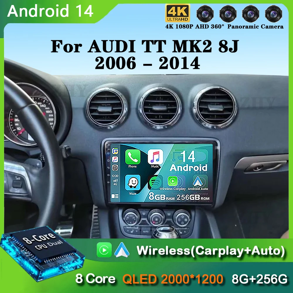 9 'ɺndroid 14 Автомобильный мультимедийный видеоплеер для AUDI TT MK2 8J 2006 2007 2008 2009 2010