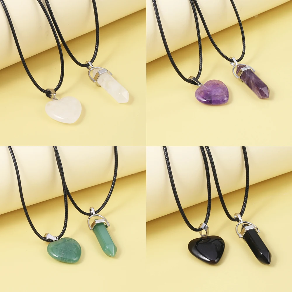 

Couple Heart Shape Natural Stone Necklace Amethyst Pink Crystal Opal Obsidian Hexagonal Prism Pendant Jewelry Necklace Gift Pair
