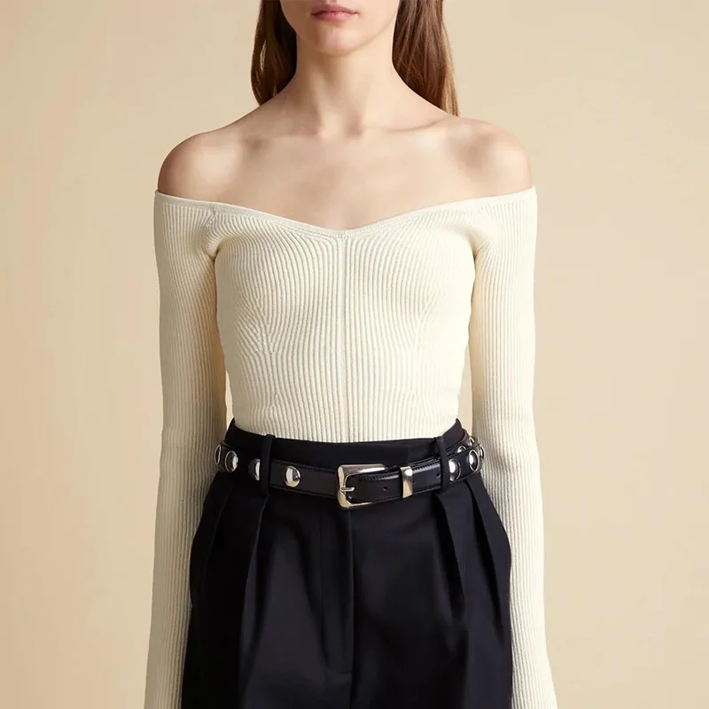 

22 Runway Women Autumn Winter Sexy Knitted Pullover Slim Long Sleeve V Collar Off-Shoulder Jumpers Fashion Solid Elegant Top New