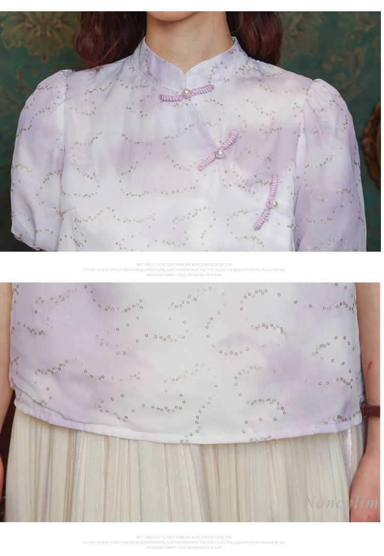 Новая шифоновая рубашка в китайском стиле с пуговицами-лягушками и коротким