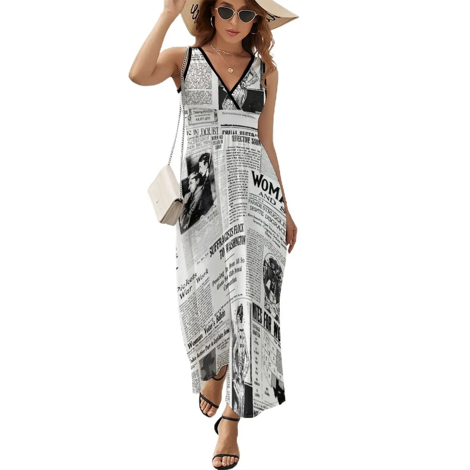 

Женское длинное платье с принтом газет, американское Платье макси с V-образным вырезом