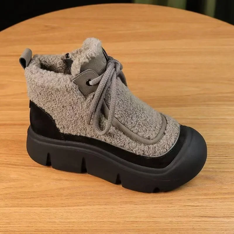 Женская обувь новинка 2024 женские ботинки на шнуровке модные короткие плюшевые